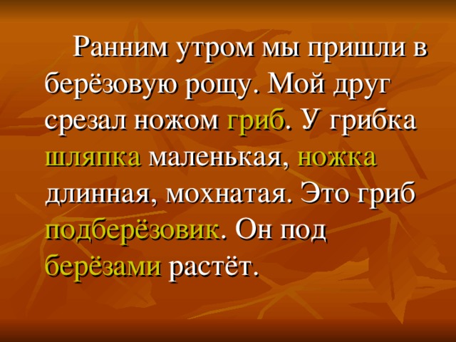 Ранним утром мы пришли в берёзовую рощу. Мой друг срезал ножом гриб . У грибка шляпка маленькая, ножка длинная, мохнатая. Это гриб подберёзовик . Он под берёзами растёт.