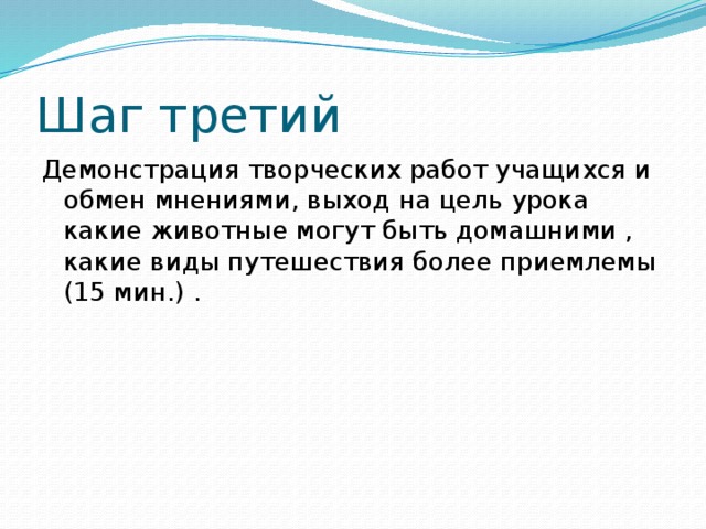 Шаг третий Демонстрация творческих работ учащихся и обмен мнениями, выход на цель урока какие животные могут быть домашними , какие виды путешествия более приемлемы (15 мин.) .