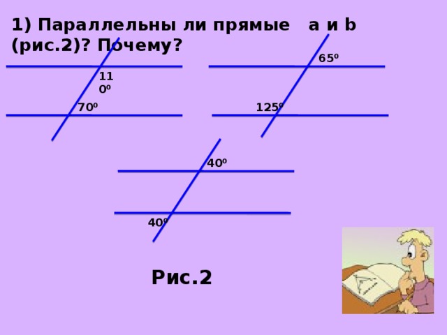 1) Параллельны ли прямые a и b (рис.2)? Почему? 65⁰ 110⁰ 70⁰ 125⁰ 40⁰ 40⁰ Рис.2