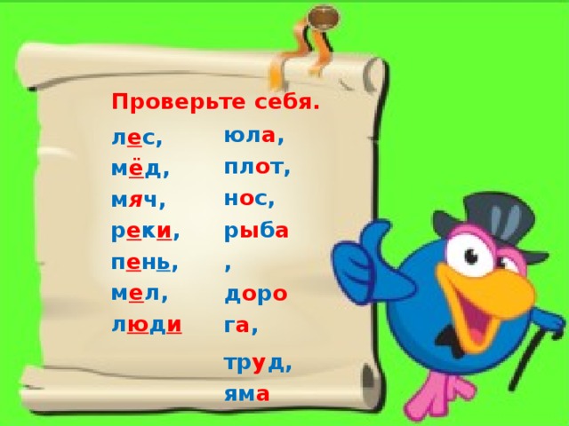 Проверьте себя. юл а , пл о т, н о с, р ы б а , д о р о г а , тр у д, ям а л е с, м ё д, м я ч, р е к и , п е н ь , м е л, л ю д и