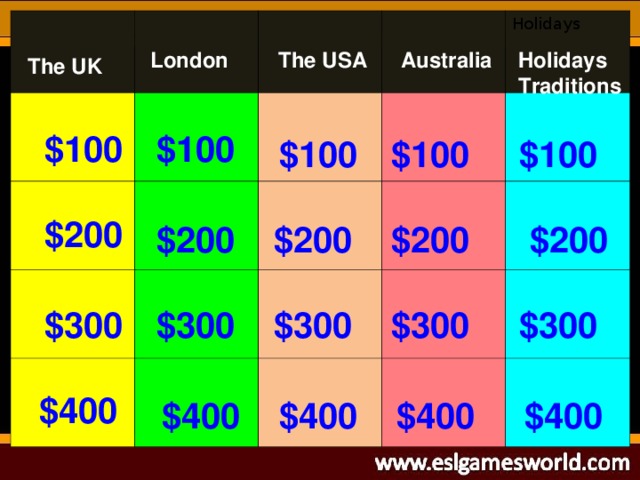 Holidays The USA Holidays Traditions Australia London The UK $100 $100 $100 $100 $100 $200 $200 $200 $200 $200 $300 $300 $300 $300 $300 $400 $400 $400 $400 $400