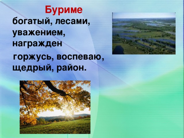 Буриме  богатый, лесами, уважением, награжден  горжусь, воспеваю, щедрый, район. 5