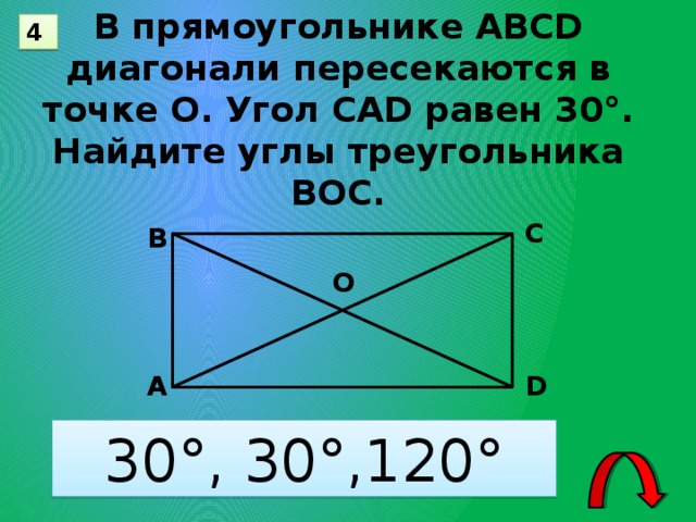 В прямоугольнике АВСD диагонали пересекаются в точке О. Угол САD равен 30°. Найдите углы треугольника ВОС. 4 С В О А D 30°, 30°,120° 11