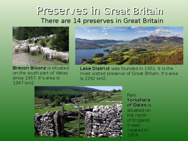 Preserves in Great Britain There are 14 preserves in Great Britain Brecon Bikonz is situated on the south part of Wales since 1957 . It's area is 1347 km 2 . Lake District  was founded in 1951 .  It is the most visited preserve of Great Britain. It's area is 2292 km2.  Park  Yorkshere of Dales is situated on the north of England. It was created in 1954 .