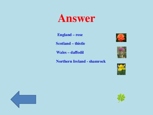 Answer England – rose  Scotland – thistle Wales – daffodil  Northern Ireland - shamrock