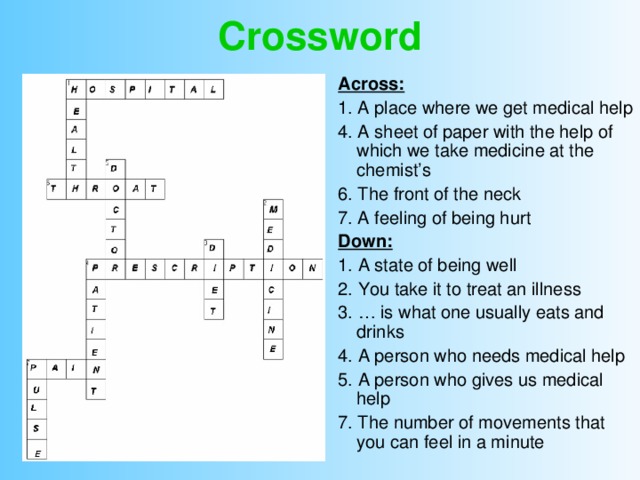 Crossword Across: 1. A place where we get medical help 4. A sheet of paper with the help of which we take medicine at the chemist’s 6. The front of the neck 7. A feeling of being hurt Down: 1. A state of being well 2. You take it to treat an illness 3. … is what one usually eats and drinks 4. A person who needs medical help 5. A person who gives us medical help 7. The number of movements that you can feel in a minute