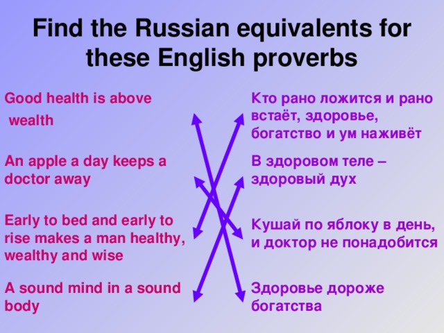 Find the Russian equivalents for these English proverbs Good health is above wealth  Кто рано ложится и рано встаёт, здоровье, богатство и ум наживёт В здоровом теле – здоровый дух  An apple a day keeps a doctor away Early to bed and early to rise makes a man healthy, wealthy and wise Кушай по яблоку в день, и доктор не понадобится A sound mind in a sound body Здоровье дороже богатства