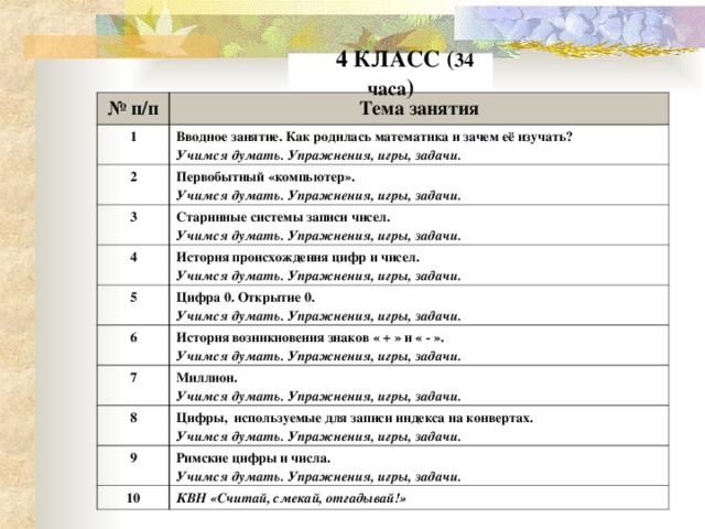 4  КЛАСС ( 34 часа ) № п/п Тема занятия 1 Вводное занятие. Как родилась математика и зачем её изучать? Учимся думать. Упражнения, игры, задачи. 2 Первобытный «компьютер». Учимся думать. Упражнения, игры, задачи. 3 Старинные системы записи чисел. Учимся думать. Упражнения, игры, задачи. 4 История происхождения цифр и чисел. Учимся думать. Упражнения, игры, задачи. 5 6 Цифра 0. Открытие 0. Учимся думать. Упражнения, игры, задачи. История возникновения знаков « + » и « - ». Учимся думать. Упражнения, игры, задачи. 7 Миллион. Учимся думать. Упражнения, игры, задачи. 8 Цифры, используемые для записи индекса на конвертах. Учимся думать. Упражнения, игры, задачи. 9 Римские цифры и числа. Учимся думать. Упражнения, игры, задачи. 10 КВН «Считай, смекай, отгадывай!»