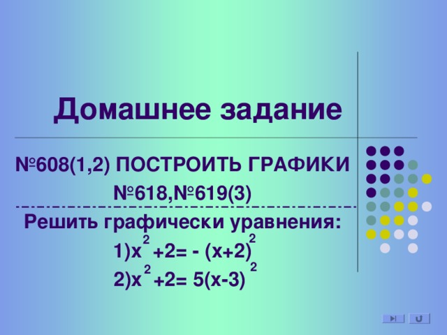№ 1 Найдите пары: «Квадратичная функция-график этой функции» и отметьте знаком «+» у=-(х-1) -2 у=(х-2) +1 у=-(х+1) +2 у=(х+2) +1 у=х -2х+3 2 + 2 + 2 + 2 + 2 + № 2 Даны пары: «Квадратичная функция- координаты вершины параболы».Укажите верные и неверные соответствия № Квадратичная функция 1 Координаты вершины параболы 2 у=(х+4) - 5 3 (- 4;- 5) у=(х+12) - 4 4 (12;- 4) у=-(х- 5) +3 5 (- 5;- 3) у=-(х+8) - 9 (- 8;- 9) у=(х+12) +20 (-12;20) 2 + - 2 - 2 2 + 2 +