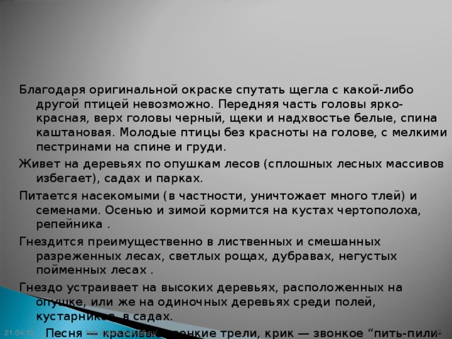 Благодаря оригинальной окраске спутать щегла с какой-либо другой птицей невозможно. Передняя часть головы ярко-красная, верх головы черный, щеки и надхвостье белые, спина каштановая. Молодые птицы без красноты на голове, с мелкими пестринами на спине и груди. Живет на деревьях по опушкам лесов (сплошных лесных массивов избегает), садах и парках. Питается насекомыми (в частности, уничтожает много тлей) и семенами. Осенью и зимой кормится на кустах чертополоха, репейника . Гнездится преимущественно в лиственных и смешанных разреженных лесах, светлых рощах, дубравах, негустых пойменных лесах . Гнездо устраивает на высоких деревьях, расположенных на опушке, или же на одиночных деревьях среди полей, кустарников, в садах.  Песня — красивые звонкие трели, крик — звонкое “пить-пили-пить”. 21.04.13 17 http://www.deti-66.ru/ 17