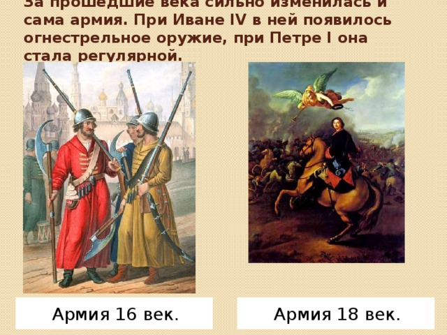 За прошедшие века сильно изменилась и сама армия. При Иване IV в ней появилось огнестрельное оружие, при Петре I она стала регулярной. Армия 16 век. Армия 18 век.