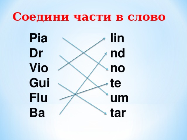 Соедини части в слово Pia Dr Vio Gui Flu Ba lin nd no te um tar