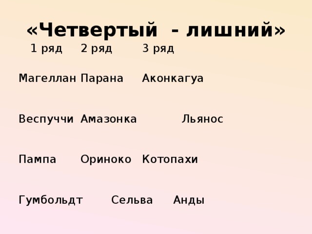 «Четвертый - лишний»  1 ряд    2 ряд    3 ряд Магеллан    Парана   Аконкагуа Веспуччи    Амазонка  Льянос  Пампа    Ориноко   Котопахи Гумбольдт    Сельва   Анды