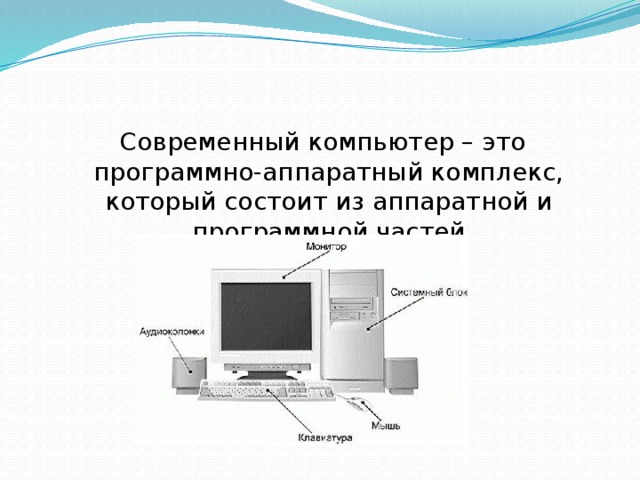Современный компьютер – это программно-аппаратный комплекс, который состоит из аппаратной и программной частей
