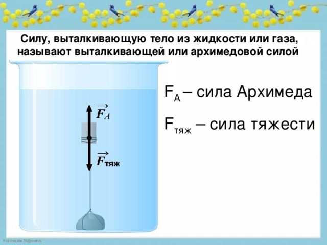 Силу, выталкивающую тело из жидкости или газа, называют выталкивающей или архимедовой силой F А – сила Архимеда F тяж – сила тяжести