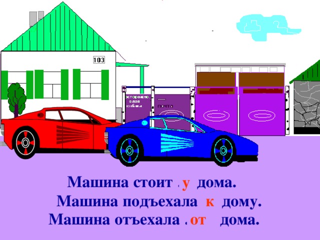 Машина стоит … дома. у Машина подъехала … дому. к Машина отъехала … дома. от