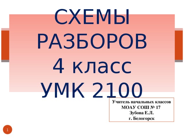 СХЕМЫ РАЗБОРОВ  4 класс  УМК 2100 Учитель начальных классов МОАУ СОШ № 17 Зубова Е.Л. г. Белогорск