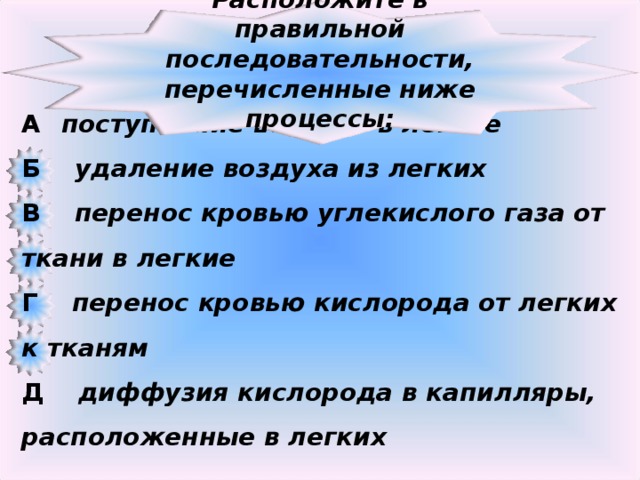 А  поступление воздуха в легкие Б удаление воздуха из легких В перенос кровью углекислого газа от ткани в легкие Г перенос кровью кислорода от легких к тканям Д диффузия кислорода в капилляры, расположенные в легких Расположите в правильной последовательности, перечисленные ниже процессы: