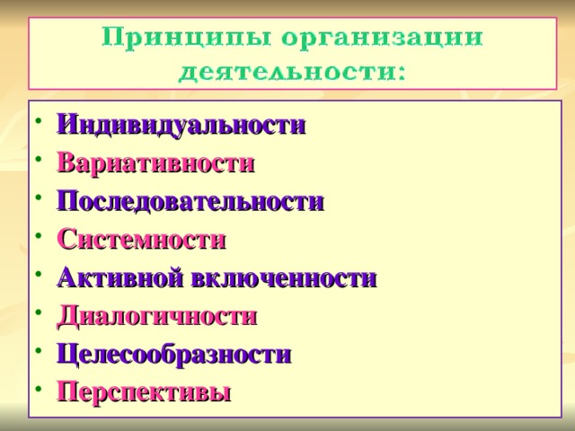 Индивидуальности Вариативности Последовательности Системности Активной включенности Диалогичности Целесообразности Перспективы