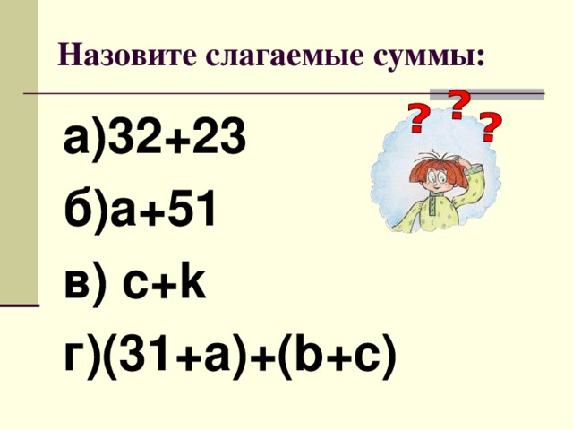 Назовите слагаемые суммы: а)32+23 б)а+51 в) с+ k г)(31+а)+( b + c )