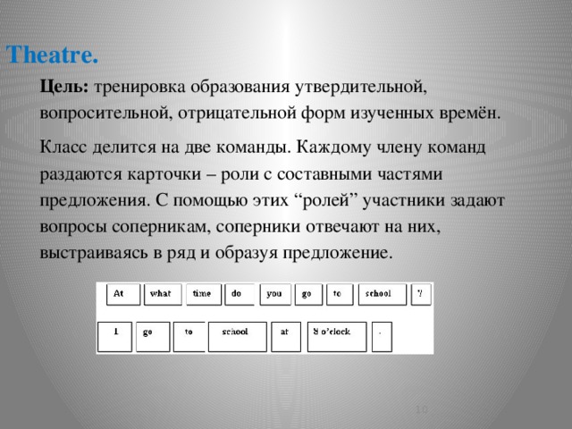 Theatre. Цель: тренировка образования утвердительной, вопросительной, отрицательной форм изученных времён. Класс делится на две команды. Каждому члену команд раздаются карточки – роли с составными частями предложения. С помощью этих “ролей” участники задают вопросы соперникам, соперники отвечают на них, выстраиваясь в ряд и образуя предложение.