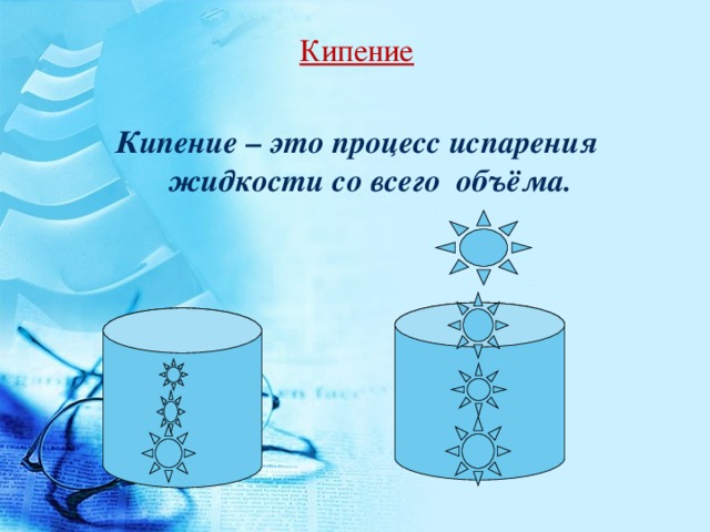 Кипение  Кипение – это процесс испарения жидкости со всего объёма.