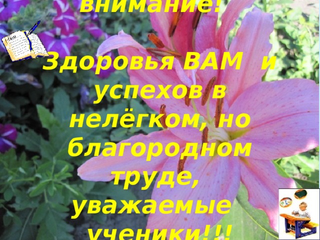 Спасибо за внимание!    Здоровья ВАМ и успехов в нелёгком, но благородном труде,  уважаемые ученики!!!