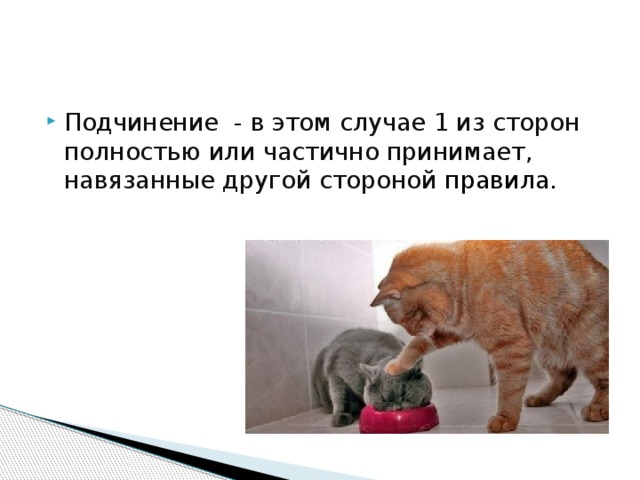 Подчинение - в этом случае 1 из сторон полностью или частично принимает, навязанные другой стороной правила.