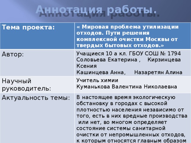 Аннотация работы. Тема проекта: « Мировая проблема утилизации отходов. Пути решения комплексной очистки Москвы от твердых бытовых отходов.» Автор: Учащиеся 10 а кл. ГБОУ СОШ № 1794 Соловьева Екатерина , Кирзинцева Ксения Научный руководитель: Кашинцева Анна, Назаретян Алина Учитель химии Актуальность темы: Куманькова Валентина Николаевна В настоящее время экологическую обстановку в городах с высокой плотностью населения независимо от того, есть в них вредные производства или нет, во многом определяет состояние системы санитарной очистки от непромышленных отходов, к которым относятся главным образом твердые бытовые отходы. Проблема уничтожения такой огромной массы мусора, бесспорно, злободневна и актуальна.