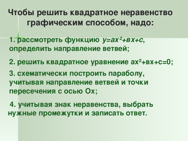 Чтобы решить квадратное неравенство графическим способом, надо: 1. рассмотреть функцию у=ах ² +вх+с , определить направление ветвей; 2. решить квадратное уравнение ах ² +вх+с=0; 3. схематически построить параболу, учитывая направление ветвей и точки пересечения с осью Ох;  4. учитывая знак неравенства, выбрать нужные промежутки и записать ответ.