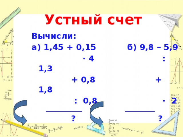 Устный счет Вычисли: а) 1,45 + 0,15 б) 9,8 – 5,9  ∙ 4 : 1,3  + 0,8 + 1,8  : 0,8 ∙ 2  ________________ _____________  ? ?