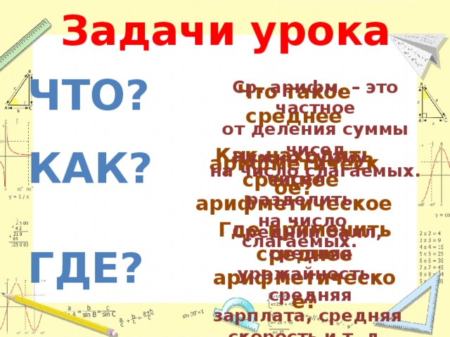 Задачи урока ЧТО?  КАК?  ГДЕ?  Ср. арифм. – это частное от деления суммы чисел на число слагаемых. Что такое среднее  арифметическое? Как находить среднее арифметическое? Нужно сумму чисел разделить  на число слагаемых. Где применить среднее арифметическое? Средний балл,  средняя урожайность,  средняя зарплата, средняя скорость и т. д.