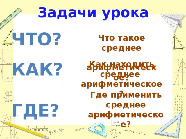 Задачи урока ЧТО?  КАК?  ГДЕ?  Что такое среднее  арифметическое? Как находить среднее арифметическое? Где применить среднее арифметическое?