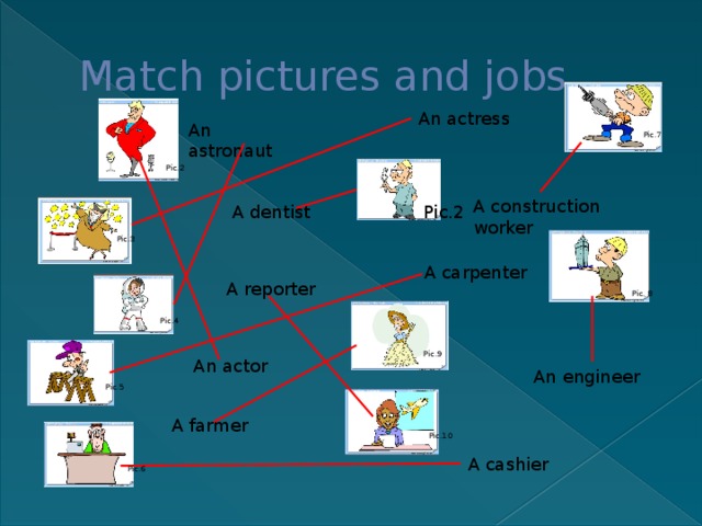 Match pictures and jobs An actress An astronaut Pic.7 Pic.2 A construction worker Pic.2 A dentist Pic.3 A carpenter A reporter Pic. 8 Pic.4 Pic.9 An actor An engineer Pic.5 A farmer Pic.10 A cashier Pic.6