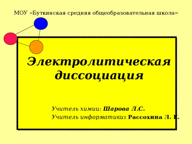 МОУ «Буткинская средняя общеобразовательная школа»  Электролитическая  диссоциация     Учитель химии: Шарова Л.С .  Учитель информатики : Рассохина Л. Е.