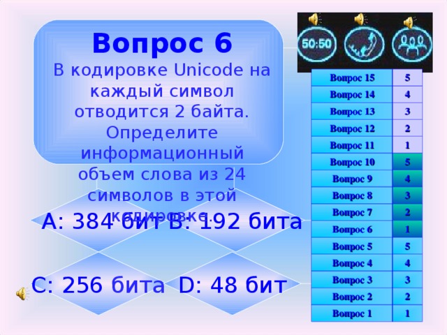 Вопрос 6 В кодировке Unicode на каждый символ отводится 2 байта. Определите информационный объем слова из 24 символов в этой кодировке. Вопрос 15 5 Вопрос 14 4 Вопрос 13 3 Вопрос 12 2 Вопрос 11 1 Вопрос 10 Вопрос 9 5 Вопрос 8 4 3 Вопрос 7 Вопрос 6 2 Вопрос 5 1 5 Вопрос 4 4 Вопрос 3 3 Вопрос 2 2 Вопрос 1 1 B : 192 бита  A : 384 бит D : 48 бит C : 2 56 бита