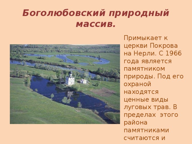 Боголюбовский природный массив. Примыкает к церкви Покрова на Нерли. С 1966 года является памятником природы. Под его охраной находятся ценные виды луговых трав. В пределах этого района памятниками считаются и многочисленные озёра.