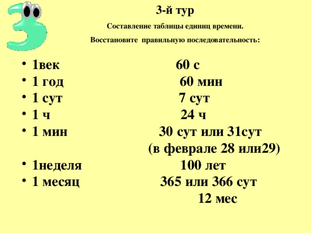 3-й тур  Составление таблицы единиц времени. Восстановите правильную последовательность: 1век 60 с 1 год 60 мин 1 сут 7 сут 1 ч 24 ч 1 мин 30 сут или 31сут  (в феврале 28 или29) 1неделя 100 лет 1 месяц 365 или 366 сут  12 мес