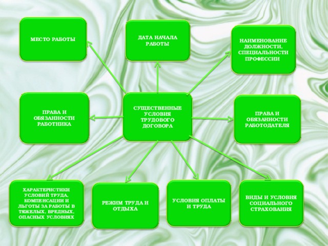 МЕСТО РАБОТЫ ДАТА НАЧАЛА РАБОТЫ НАИМЕНОВАНИЕ ДОЛЖНОСТИ, СПЕЦИАЛЬНОСТИ ПРОФЕССИИ СУЩЕСТВЕННЫЕ УСЛОВИЯ ТРУДОВОГО ДОГОВОРА ПРАВА И ОБЯЗАННОСТИ РАБОТНИКА ПРАВА И ОБЯЗАННОСТИ РАБОТОДАТЕЛЯ ХАРАКТЕРИСТИКИ УСЛОВИЙ ТРУДА, КОМПЕНСАЦИИ И ЛЬГОТЫ ЗА РАБОТЫ В ТЯЖЕЛЫХ, ВРЕДНЫХ, ОПАСНЫХ УСЛОВИЯХ ВИДЫ И УСЛОВИЯ СОЦИАЛЬНОГО СТРАХОВАНИЯ УСЛОВИЯ ОПЛАТЫ И ТРУДА РЕЖИМ ТРУДА И ОТДЫХА
