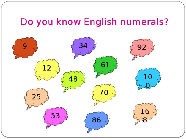 Do you know English numerals? 9 34 92 61 12 100 48 70 25 168 53 86