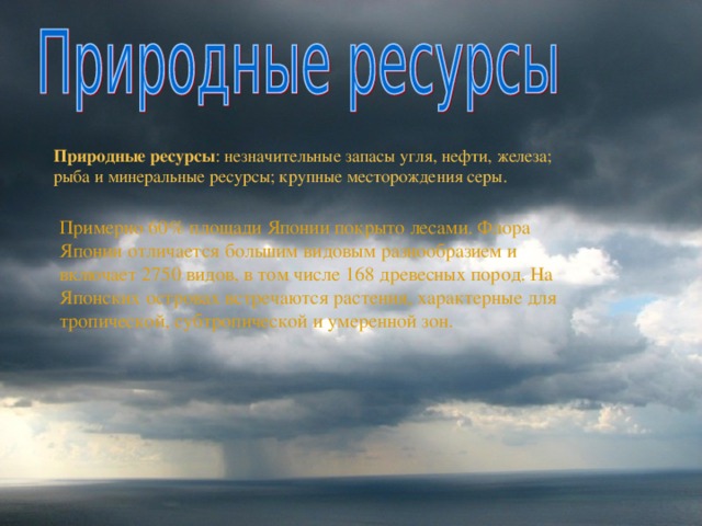 Природные ресурсы : незначительные запасы угля, нефти, железа; рыба и минеральные ресурсы; крупные месторождения серы. Примерно 60% площади Японии покрыто лесами. Флора Японии отличается большим видовым разнообразием и включает 2750 видов, в том числе 168 древесных пород. На Японских островах встречаются растения, характерные для тропической, субтропической и умеренной зон.