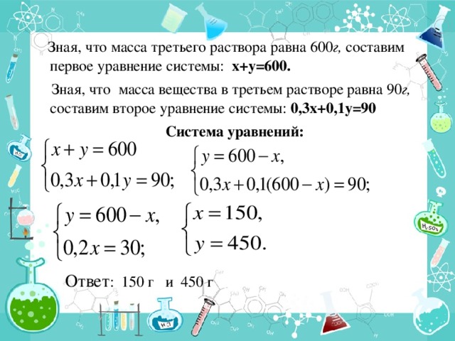 Зная, что масса третьего раствора равна 600 г, составим  первое уравнение системы: х+у=600.  Зная, что масса вещества в третьем растворе равна 90 г, составим второе уравнение системы: 0,3х+0,1у=90  Система уравнений:  Ответ : 150 г и 450 г