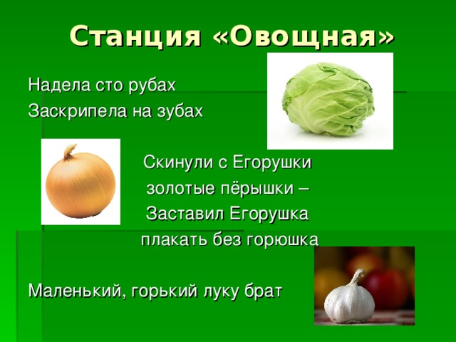 Станция «Овощная» Надела сто рубах Заскрипела на зубах Скинули с Егорушки золотые пёрышки – Заставил Егорушка плакать без горюшка Маленький, горький луку брат