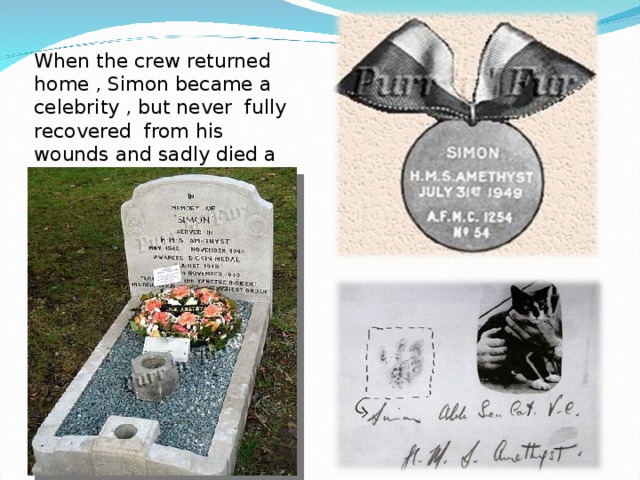 When the crew returned home , Simon became a celebrity , but never fully recovered from his wounds and sadly died a few month later.