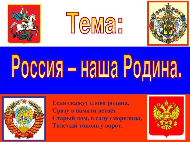 Если скажут слово родина, Сразу в памяти встаёт Старый дом, в саду смородина, Толстый тополь у ворот.