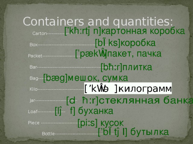 Containers and quantities:  Carton-------------------  Box-------------------------------------------------  Packet-----------------------------  Bar----------------------------------------------------  Bag----------  Kilo----------------------------------------  Jar---------------------------  Loaf------------------  Piece ----------------------------------  Bottle---------------------------------------