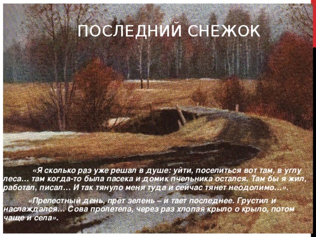 ПОСЛЕДНИЙ СНЕЖОК  «Я сколько раз уже решал в душе: уйти, поселиться вот там, в углу леса… там когда-то была пасека и домик пчельника остался. Там бы я жил, работал, писал… И так тянуло меня туда и сейчас тянет неодолимо…».  «Прелестный день, прёт зелень – и тает последнее. Грустил и наслаждался… Сова пролетела, через раз хлопая крыло о крыло, потом чаще и села».