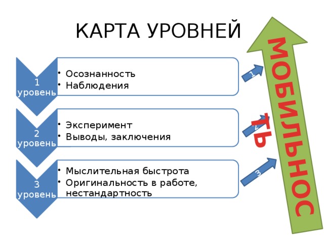 1 уровень 1 Осознанность Наблюдения Осознанность Наблюдения 3 2 уровень 2 Эксперимент Выводы, заключения Эксперимент Выводы, заключения 3 уровень МОБИЛЬНОСТЬ Мыслительная быстрота Оригинальность в работе, нестандартность Мыслительная быстрота Оригинальность в работе, нестандартность КАРТА УРОВНЕЙ