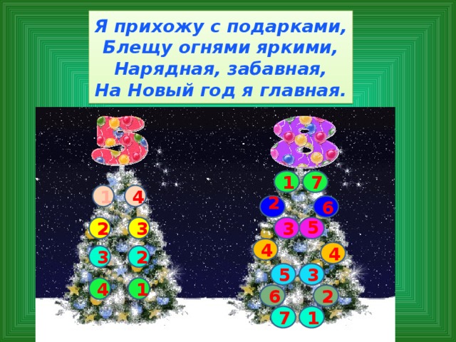 Я прихожу с подарками,  Блещу огнями яркими,  Нарядная, забавная,  На Новый год я главная. 1 7 4 1 2 6 5 3 3 2 4 4 2 3 5 3 1 4 6 2 7 1