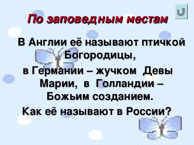 По заповедным местам В Англии её называют птичкой Богородицы, в Германии – жучком Девы Марии, в Голландии – Божьим созданием. Как её называют в России?